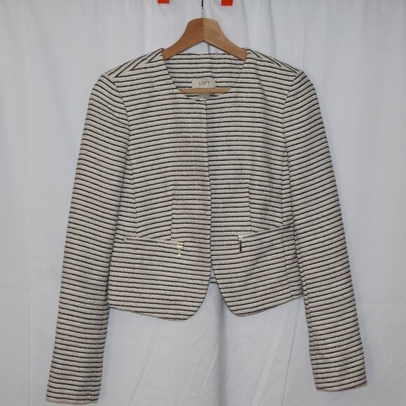 Loft Cream Jacket Black White Stripes Size XS Faux Zip Pockets Cropped - Picture 2 of 9